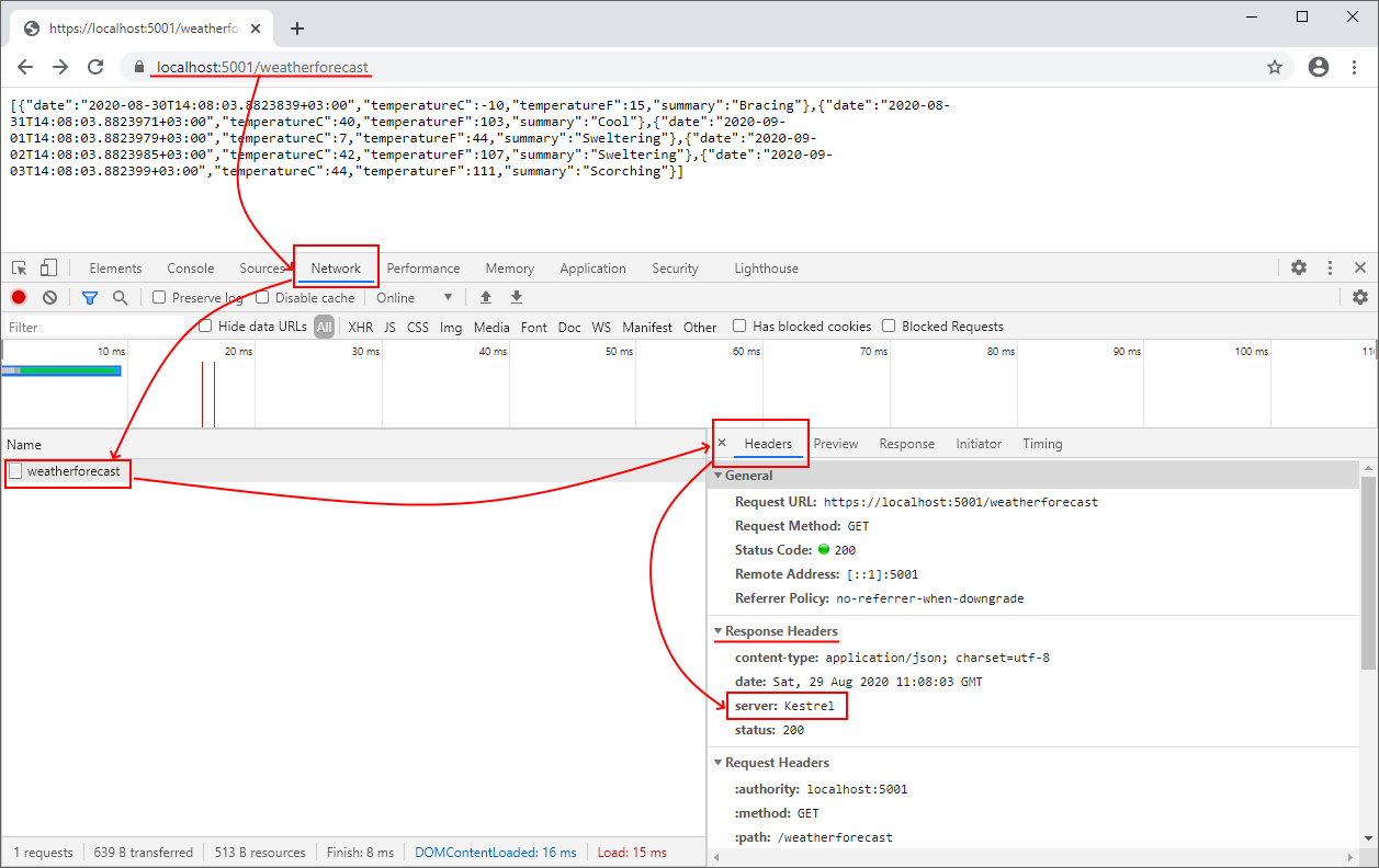 The response server header when using Kestrel server to directly process requests.