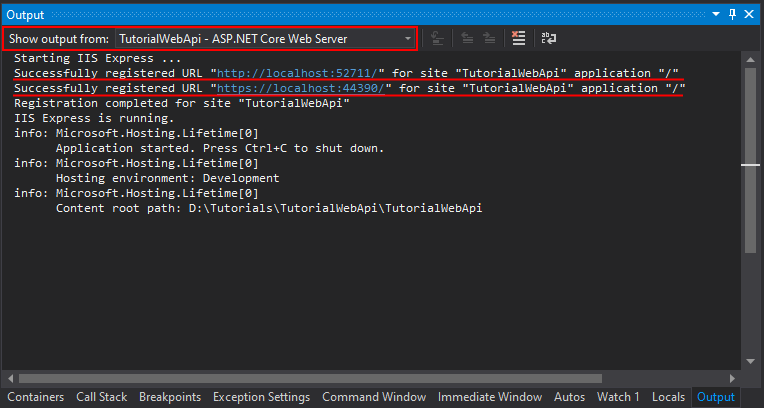 Output example when running IIS Express as an in-process HTTP server.