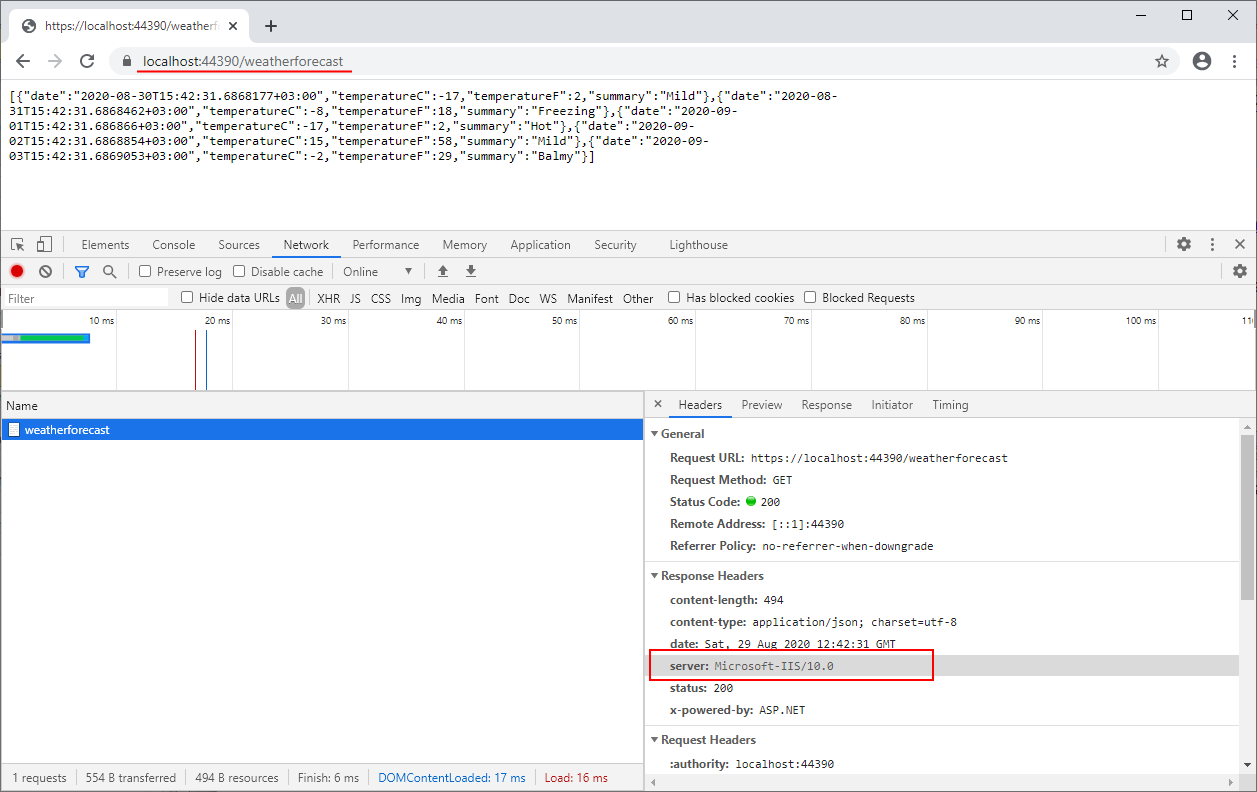 The response server header when using IIS Express as an in-process HTTP server.
