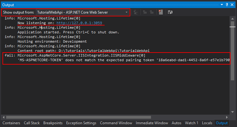 Output example when running IIS Express as an out-of-process HTTP server.
