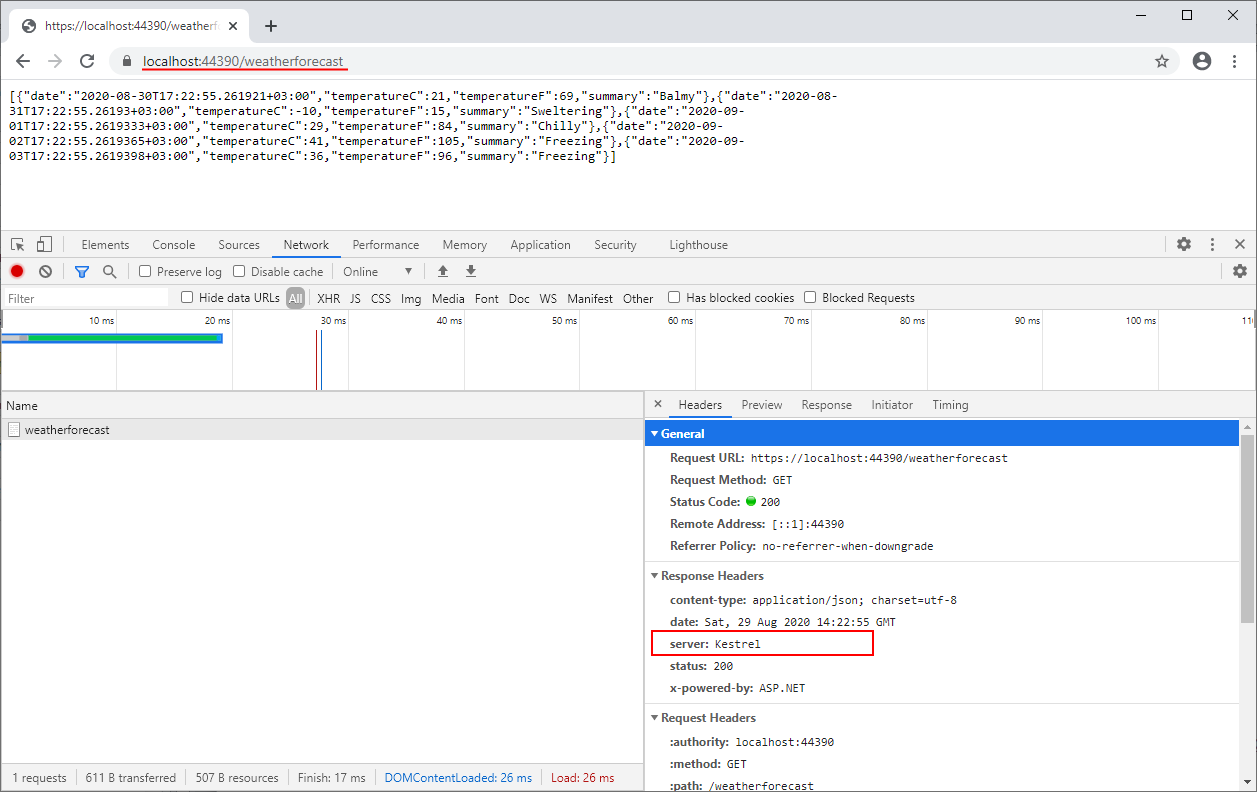 Figure 12: The response server header when using IIS Express as an out-of-process HTTP server.