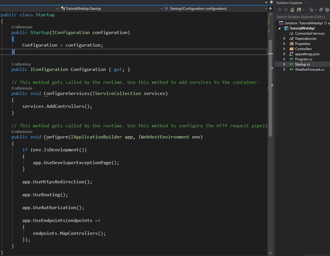 The generated code of the Startup class (ConfigureServices and Configure methods).