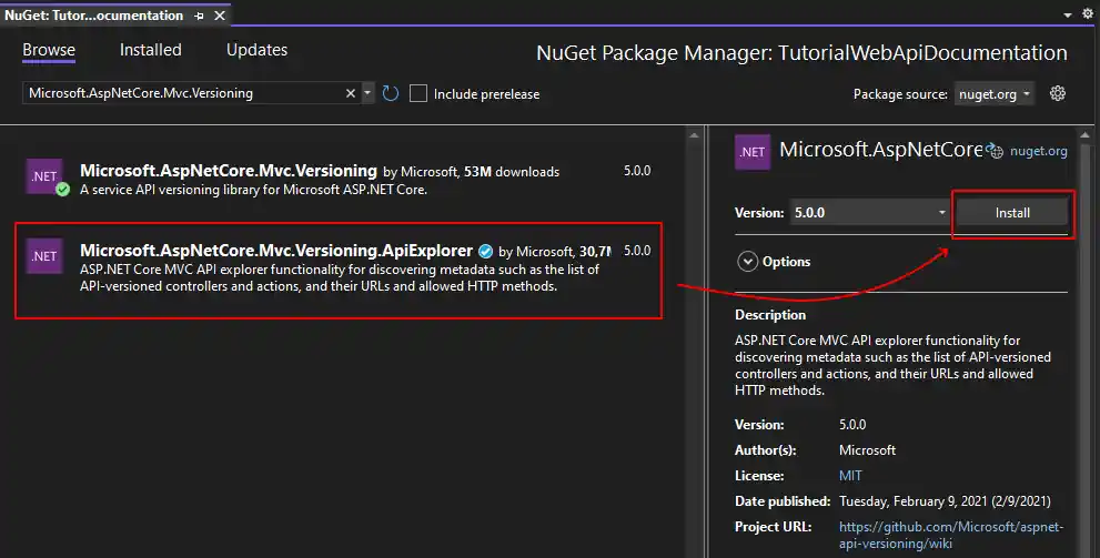 Installing the Microsoft.AspNetCore.Mvc.Versioning.ApiExplorer NuGet package.