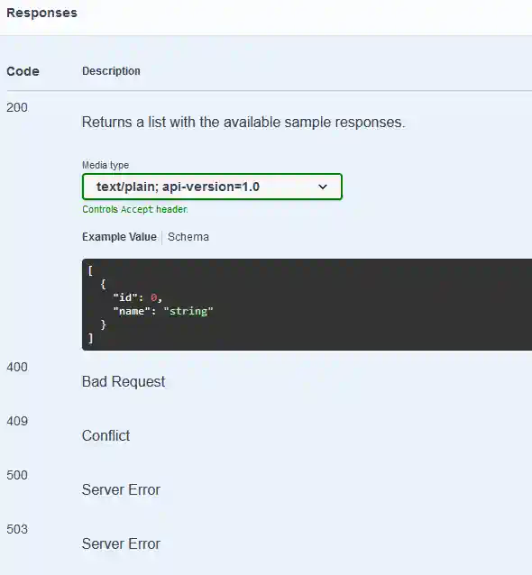 Swagger UI example with multiple response HTTP status codes.