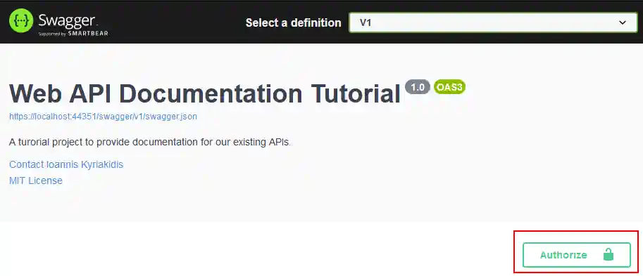 Swagger UI example with an Authorize button.