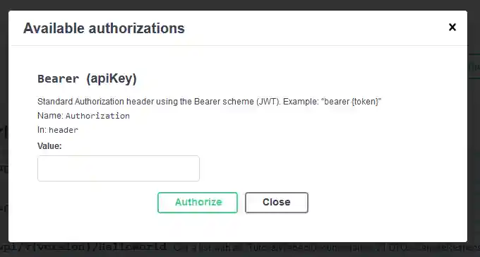 Swagger UI example to set the JWT bearer token.